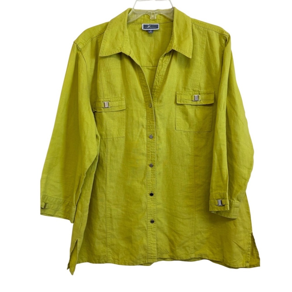 JM Collection Women Lime Green 100% Linen Button Down Shirt Size 18 Utility